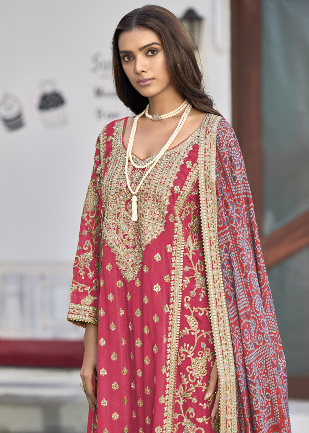 Buy Now Wedding Wear Pink Palazzo Suit with Bandhej Dupatta Online in USA, UK, Canada, Germany, Australia & Worldwide at Empress Clothing.