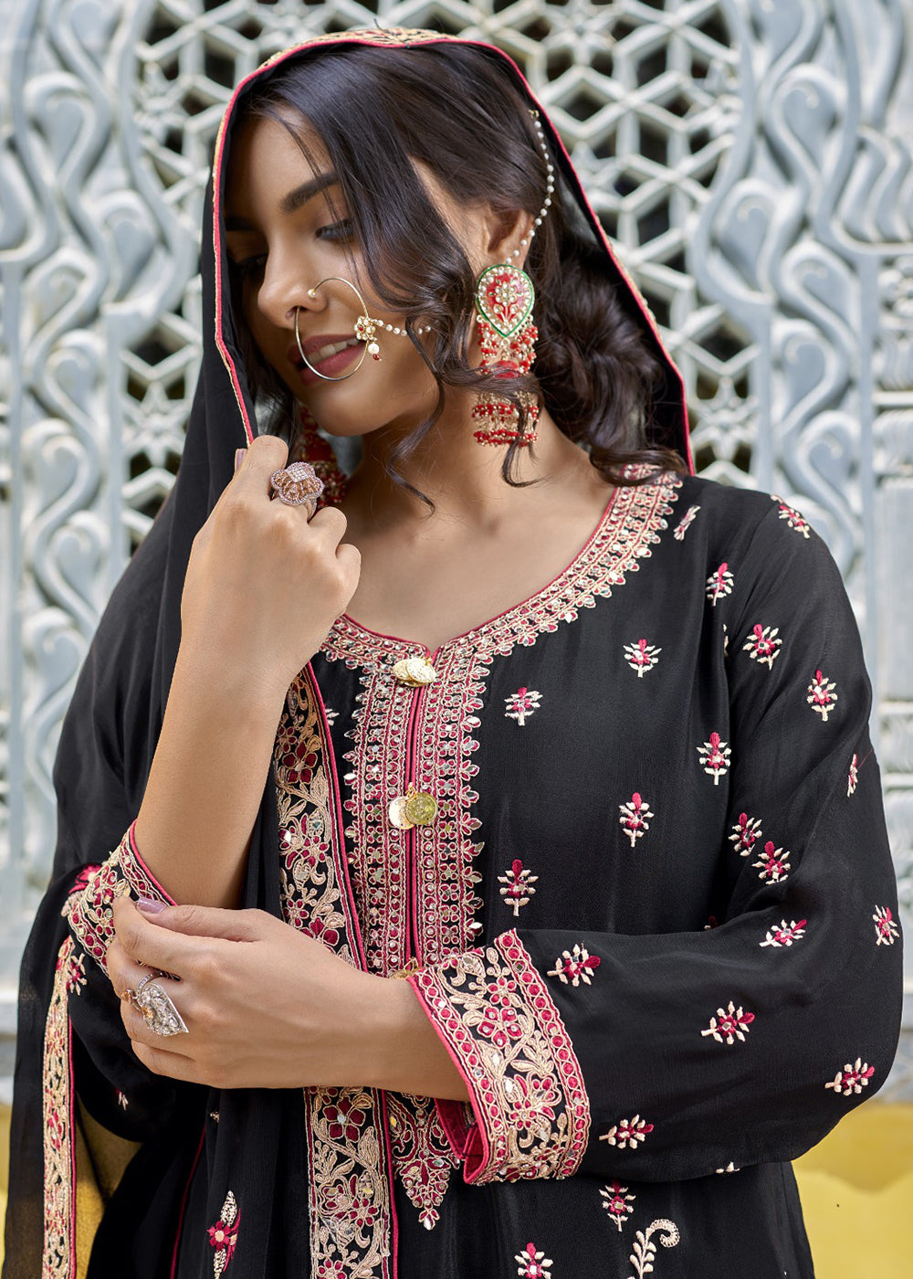 Buy Now Black Semi Pure Chinnon Wedding Festive Salwar Suit Online in USA, UK, Canada, Germany, Australia & Worldwide at Empress Clothing.