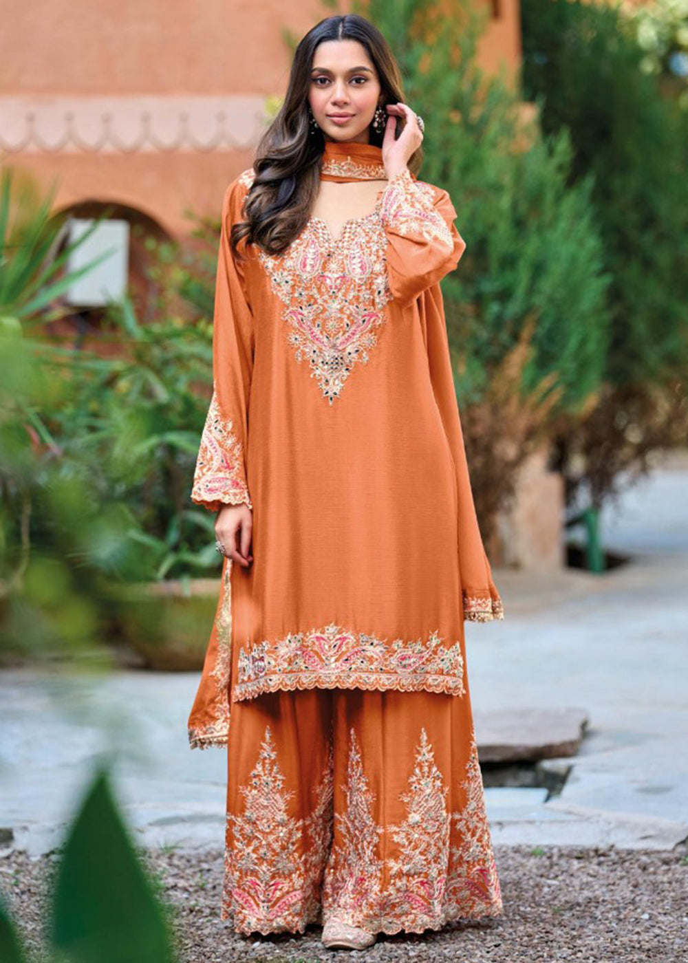 Buy Now Coral Orange Embroidered Chinnon Palazzo Suit Online in New York, Los Angeles, San Jose, Chicago, Houston, Fremont, Dubai, Utah & Worldwide at Empress.