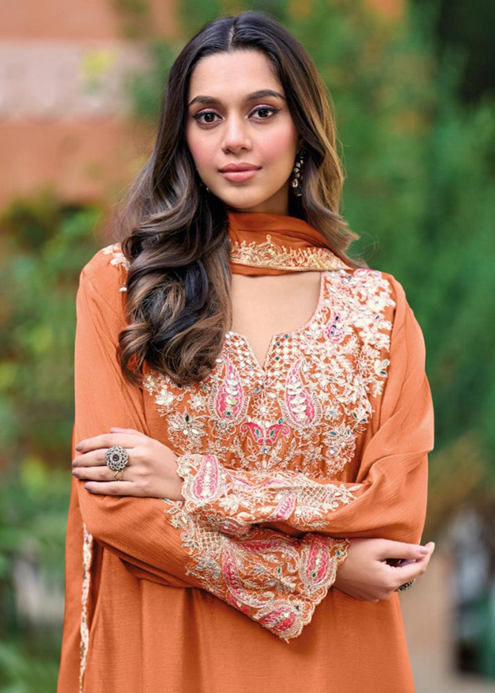 Buy Now Coral Orange Embroidered Chinnon Palazzo Suit Online in New York, Los Angeles, San Jose, Chicago, Houston, Fremont, Dubai, Utah & Worldwide at Empress.