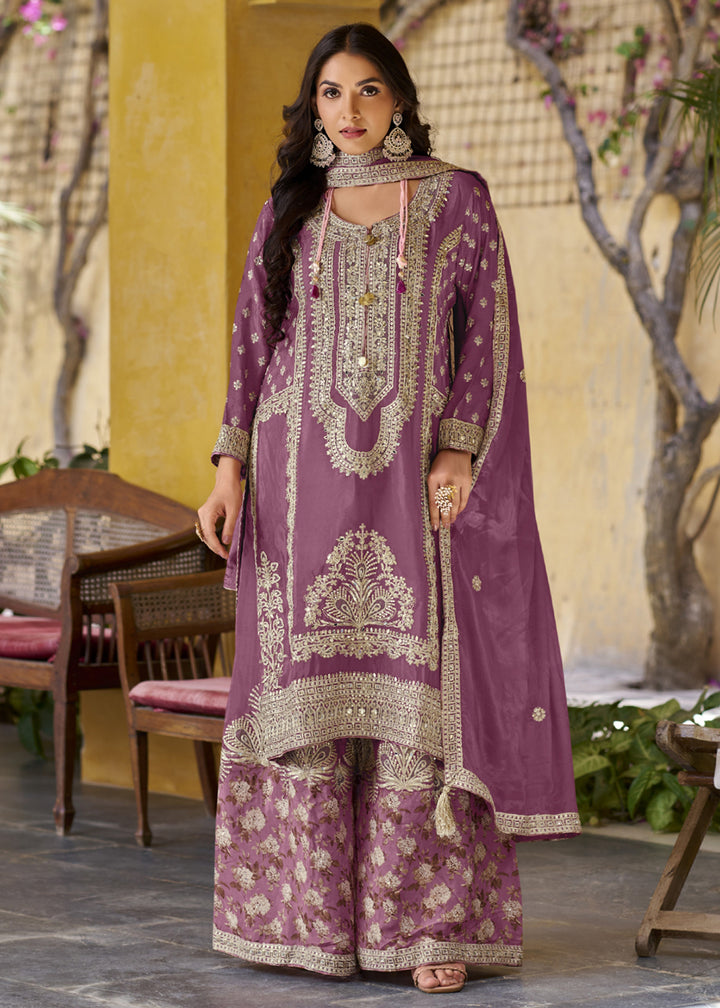 Buy Now Palazzo Style Mauve Pink Embroidered Festive Wear Suit Online in USA, UK, Canada, Germany, Italy, France, New Zealand, UAE & Worldwide at Empress.