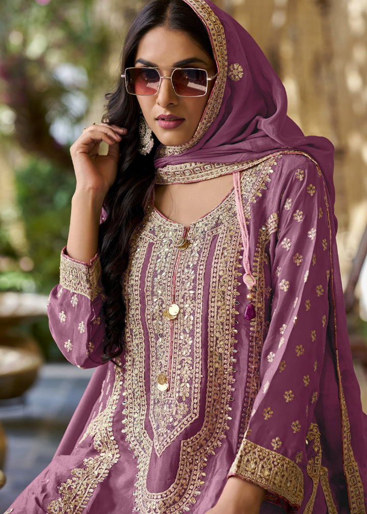 Buy Now Palazzo Style Mauve Pink Embroidered Festive Wear Suit Online in USA, UK, Canada, Germany, Italy, France, New Zealand, UAE & Worldwide at Empress.