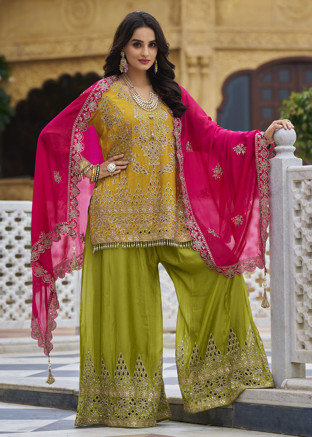 Buy Now Mustard & Green Embroidered Punjabi Style Palazzo Suit Online in USA, UK, Canada, Germany & Worldwide at Empress Clothing. 