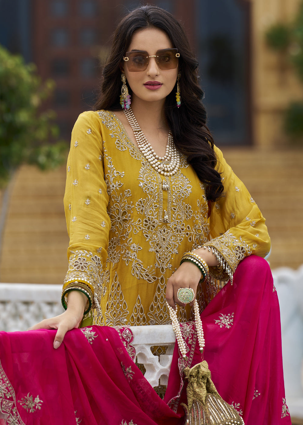 Buy Now Mustard & Green Embroidered Punjabi Style Palazzo Suit Online in USA, UK, Canada, Germany & Worldwide at Empress Clothing. 