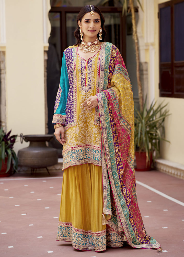 Shop Now Yellow Multicolor Fancy Embroidered Gharara Style Suit Online at Empress Clothing in USA, UK, Canada, Germany, UAE & Worldwide. 