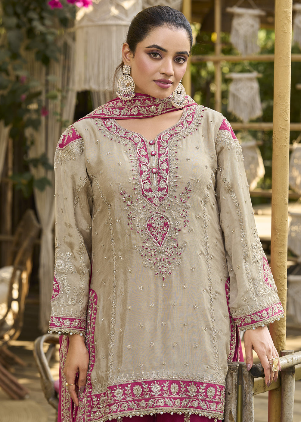 Buy Now Dusty Cream & Pink Heavy Chinnon Palazzo Style Suit Online in US, UK, Canada, Netherlands, Germany, Italy, France, Sweden, UAE & Worldwide at Empress.