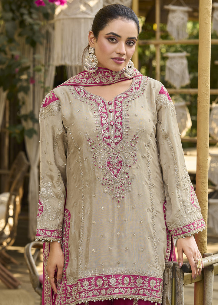 Buy Now Dusty Cream & Pink Heavy Chinnon Palazzo Style Suit Online in US, UK, Canada, Netherlands, Germany, Italy, France, Sweden, UAE & Worldwide at Empress.
