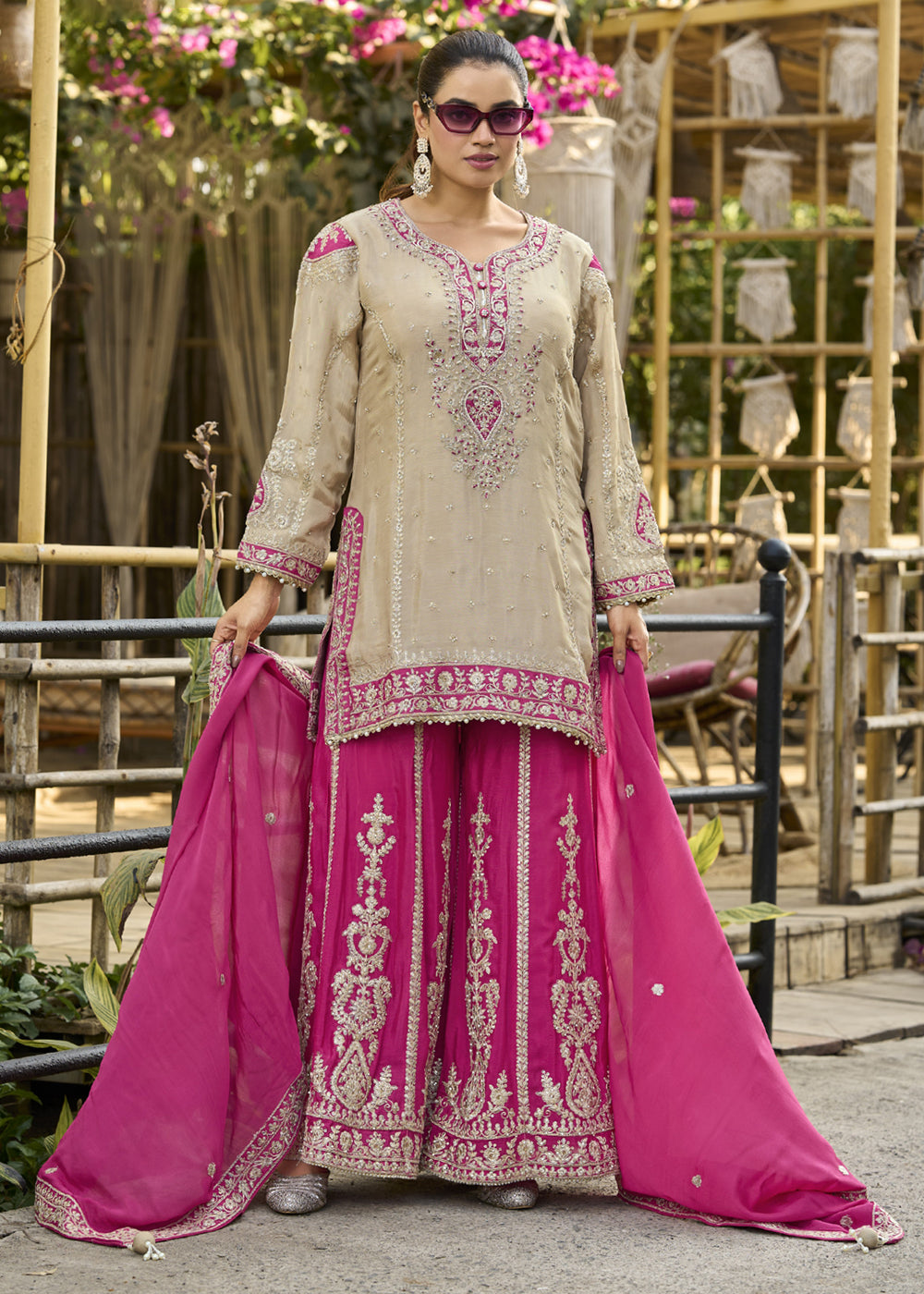 Buy Now Dusty Cream & Pink Heavy Chinnon Palazzo Style Suit Online in US, UK, Canada, Netherlands, Germany, Italy, France, Sweden, UAE & Worldwide at Empress.