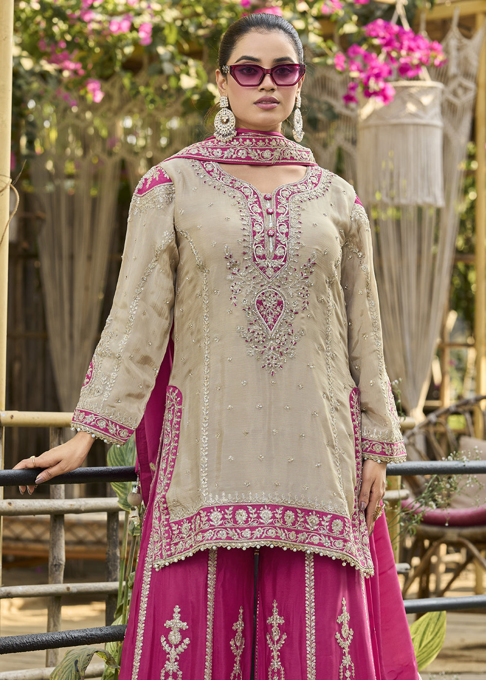 Buy Now Dusty Cream & Pink Heavy Chinnon Palazzo Style Suit Online in US, UK, Canada, Netherlands, Germany, Italy, France, Sweden, UAE & Worldwide at Empress.