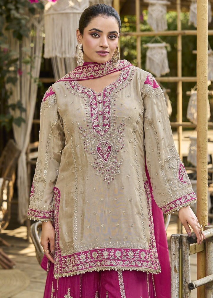 Buy Now Dusty Cream & Pink Heavy Chinnon Palazzo Style Suit Online in US, UK, Canada, Netherlands, Germany, Italy, France, Sweden, UAE & Worldwide at Empress.