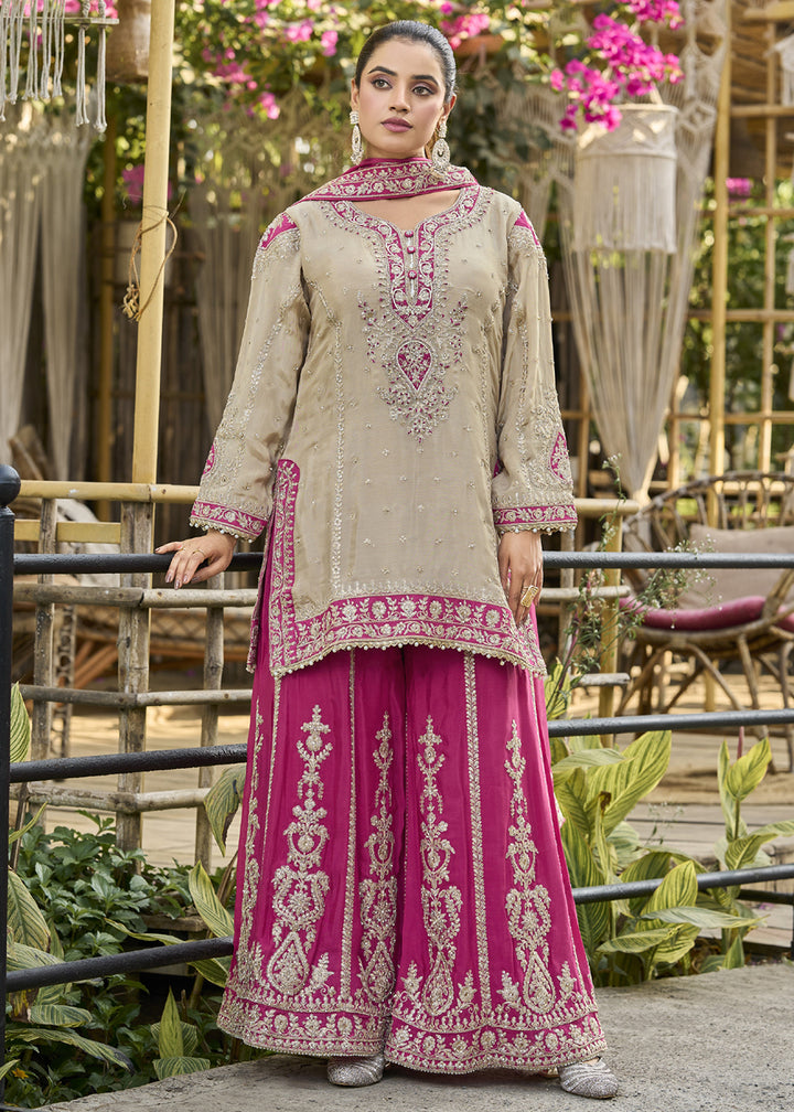 Buy Now Dusty Cream & Pink Heavy Chinnon Palazzo Style Suit Online in US, UK, Canada, Netherlands, Germany, Italy, France, Sweden, UAE & Worldwide at Empress.