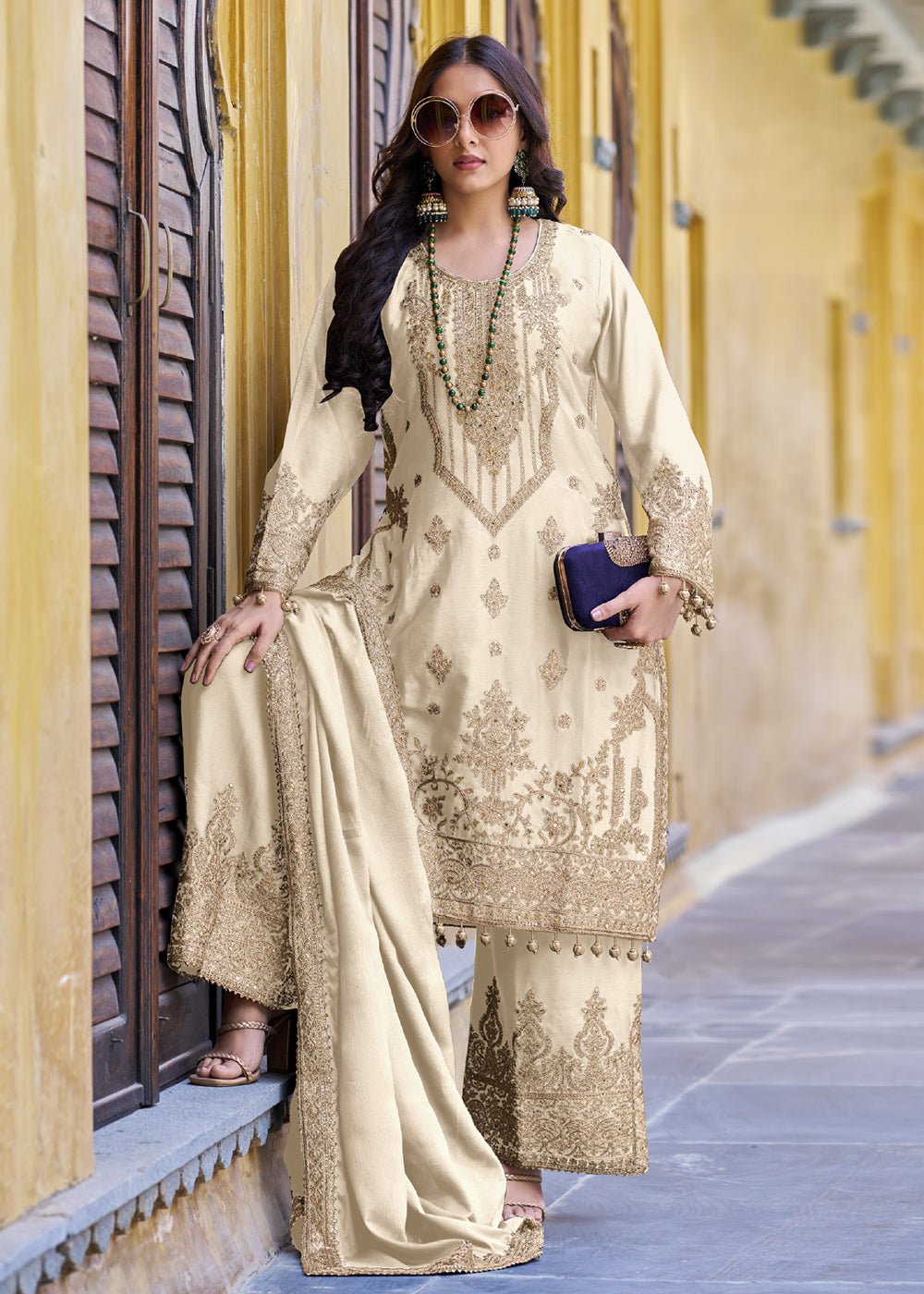 Buy Now Cream Semi Pure Chinnon Embroidered Wedding Palazzo Suit Online in USA, UK, Canada, Germany, Australia & Worldwide at Empress Clothing. 
