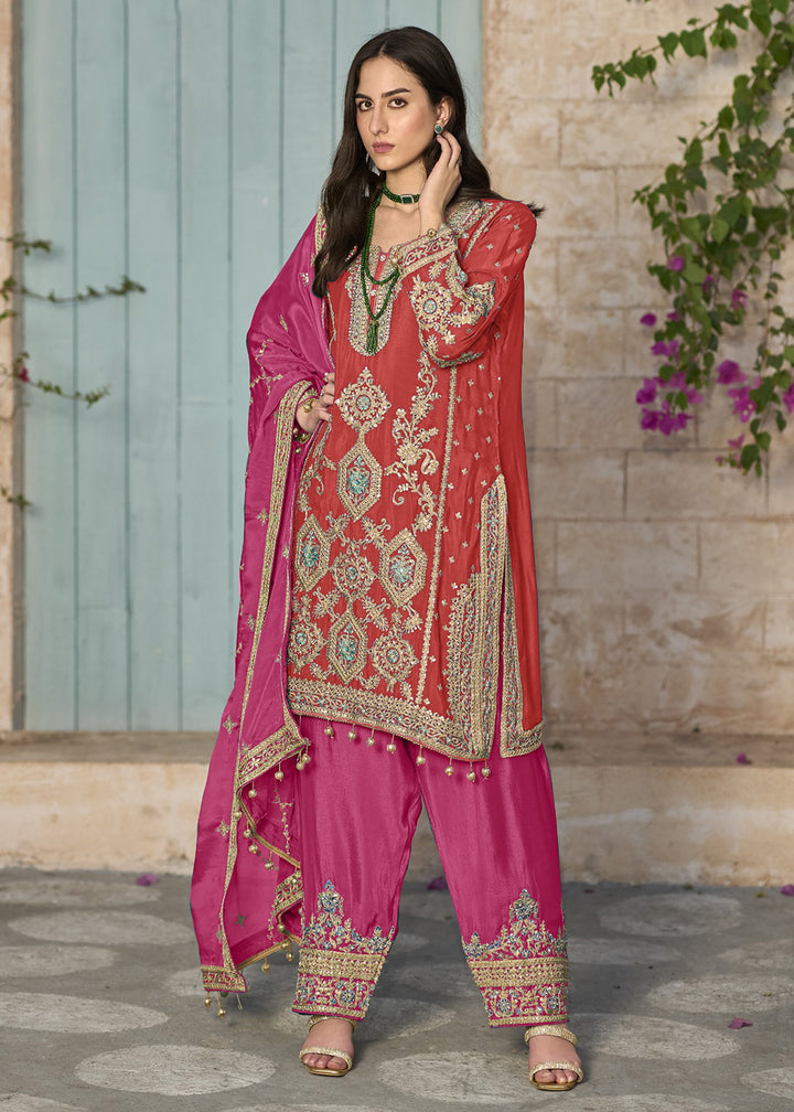 Buy Now Orange & Pink Pure Chinnon Embroidered Afghani Style Dress Online in USA, UK, Canada, Germany, Australia & Worldwide at Empress Clothing.