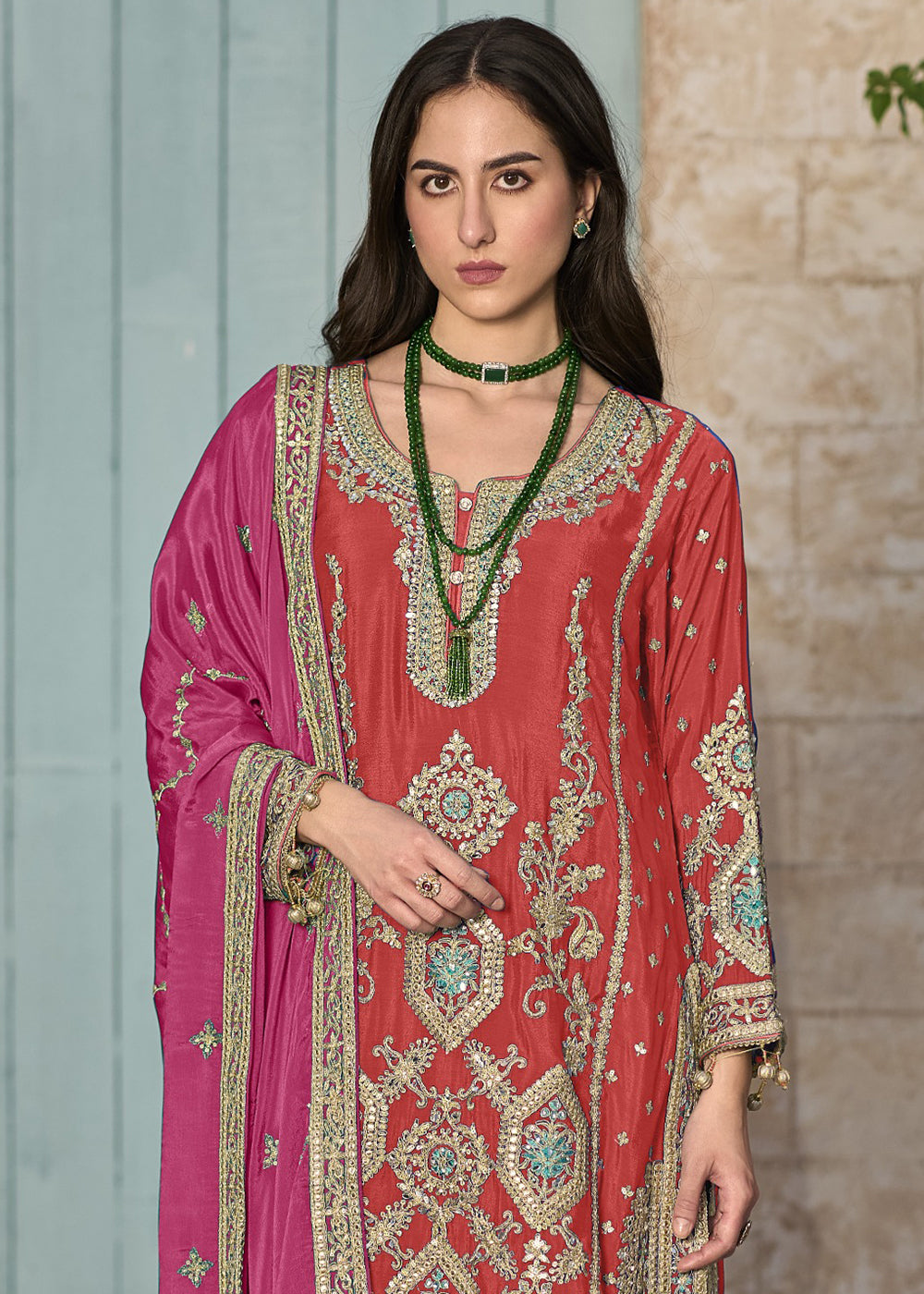 Buy Now Orange & Pink Pure Chinnon Embroidered Afghani Style Dress Online in USA, UK, Canada, Germany, Australia & Worldwide at Empress Clothing.