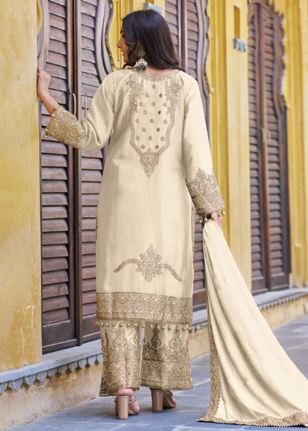 Buy Now Cream Semi Pure Chinnon Embroidered Wedding Palazzo Suit Online in USA, UK, Canada, Germany, Australia & Worldwide at Empress Clothing. 