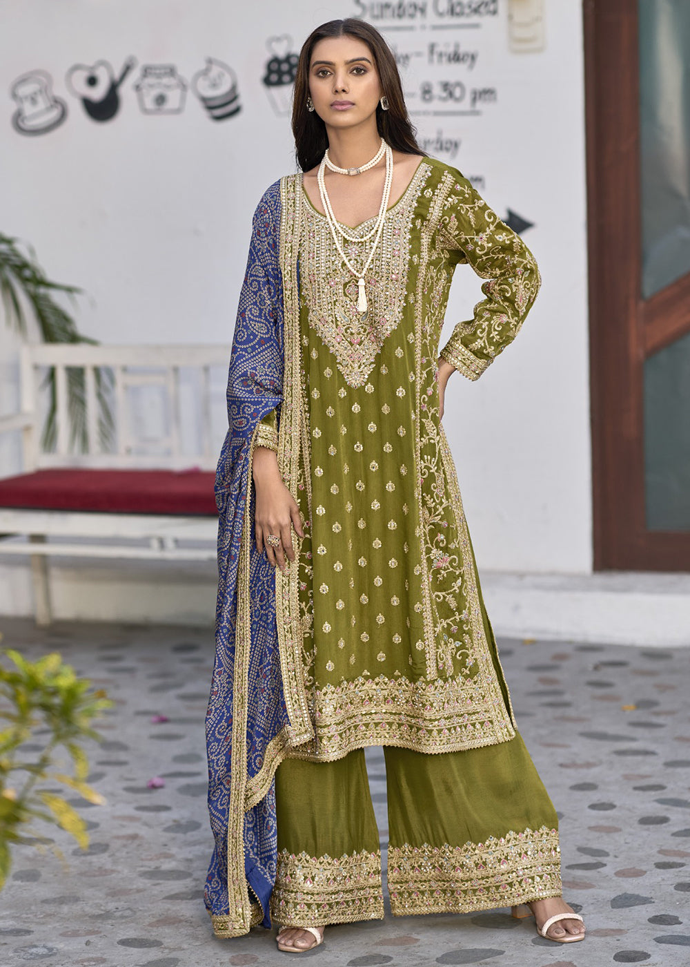 Buy Now Wedding Wear Green Palazzo Suit with Bandhej Dupatta Online in USA, UK, Canada, Germany, Australia & Worldwide at Empress Clothing.