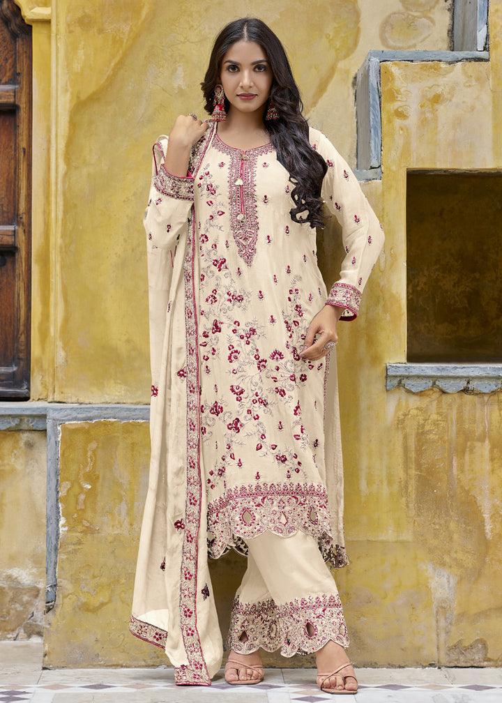 Buy Now Off White Semi Pure Chinnon Wedding Festive Salwar Suit Online in USA, UK, Canada, Germany, Australia & Worldwide at Empress Clothing.