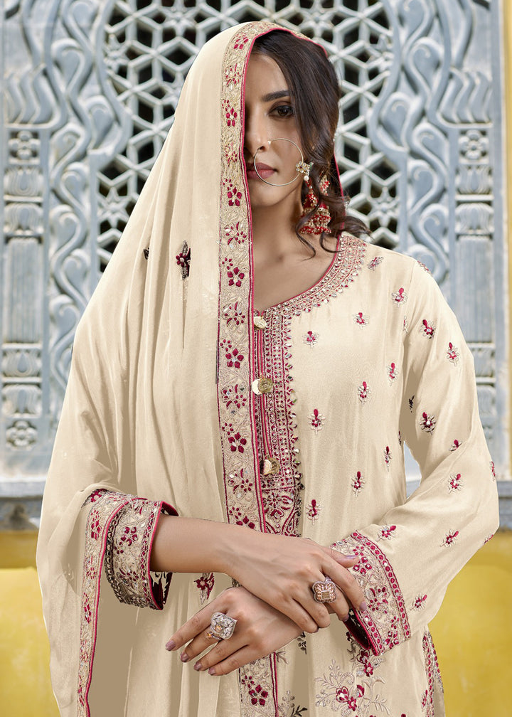 Buy Now Off White Semi Pure Chinnon Wedding Festive Salwar Suit Online in USA, UK, Canada, Germany, Australia & Worldwide at Empress Clothing.