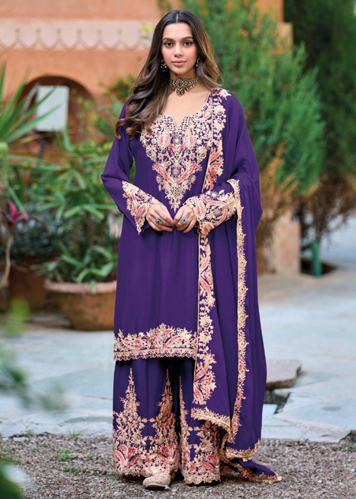 Buy Now Violet Purple Embroidered Chinnon Palazzo Suit Online in New York, Los Angeles, San Jose, Chicago, Houston, Fremont, Dubai, Utah & Worldwide at Empress.