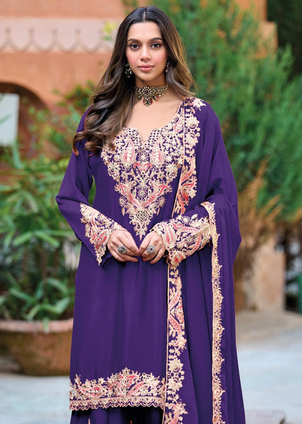 Buy Now Violet Purple Embroidered Chinnon Palazzo Suit Online in New York, Los Angeles, San Jose, Chicago, Houston, Fremont, Dubai, Utah & Worldwide at Empress.