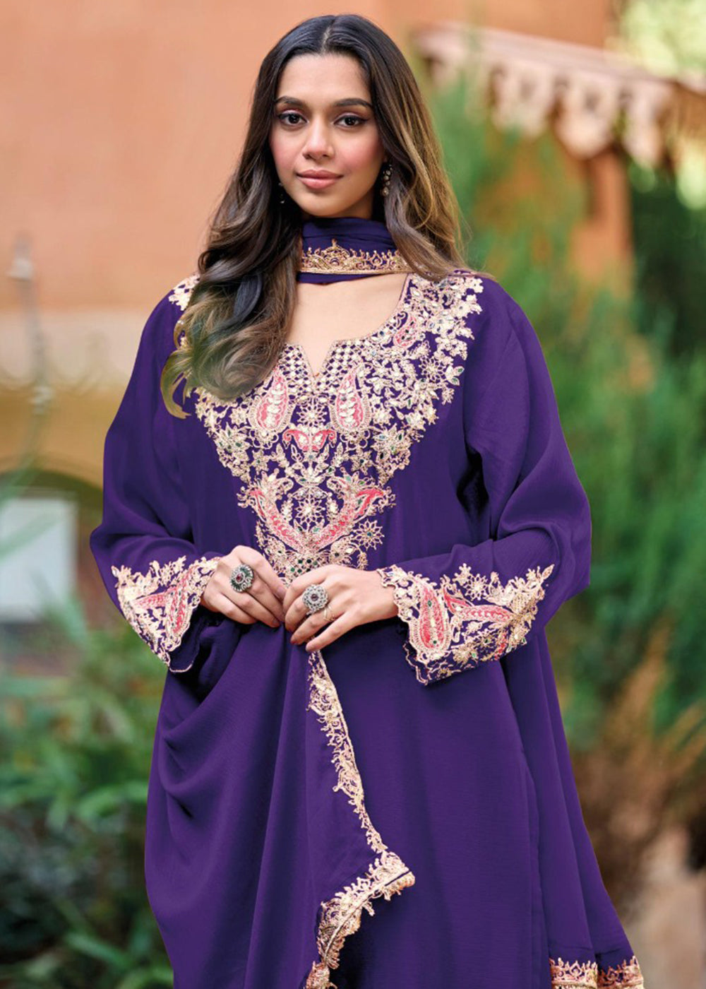Buy Now Violet Purple Embroidered Chinnon Palazzo Suit Online in New York, Los Angeles, San Jose, Chicago, Houston, Fremont, Dubai, Utah & Worldwide at Empress.