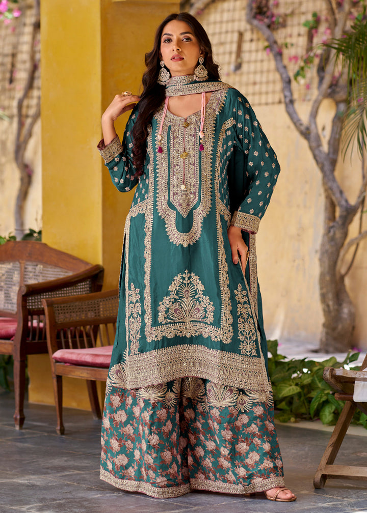 Buy Now Palazzo Style Teal Green Embroidered Festive Wear Suit Online in USA, UK, Canada, Germany, Italy, France, New Zealand, UAE & Worldwide at Empress.