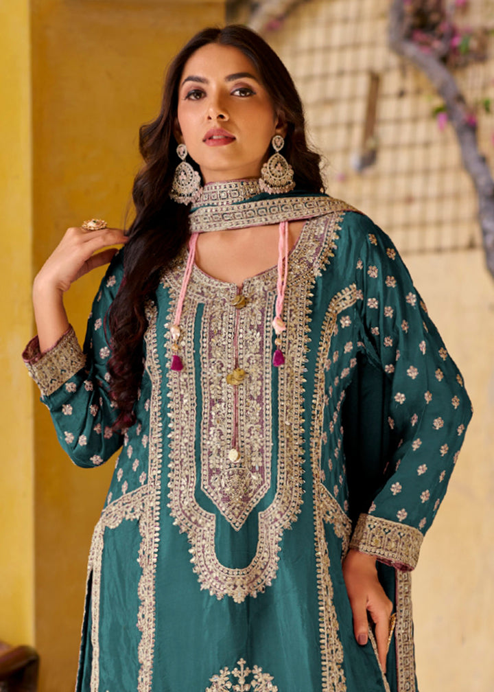 Buy Now Palazzo Style Teal Green Embroidered Festive Wear Suit Online in USA, UK, Canada, Germany, Italy, France, New Zealand, UAE & Worldwide at Empress.
