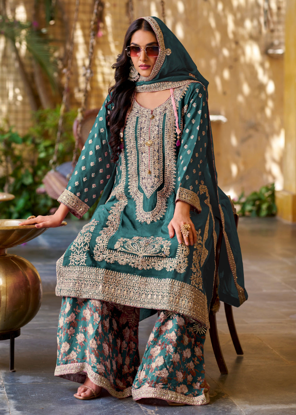 Buy Now Palazzo Style Teal Green Embroidered Festive Wear Suit Online in USA, UK, Canada, Germany, Italy, France, New Zealand, UAE & Worldwide at Empress.