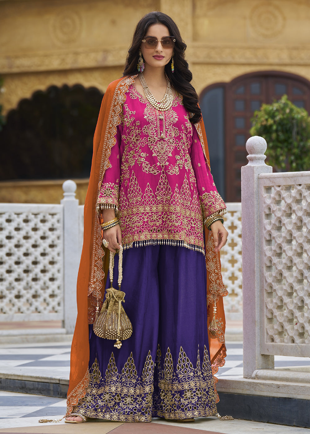 Buy Now Pink & Blue Embroidered Punjabi Style Palazzo Suit Online in USA, UK, Canada, Germany & Worldwide at Empress Clothing.