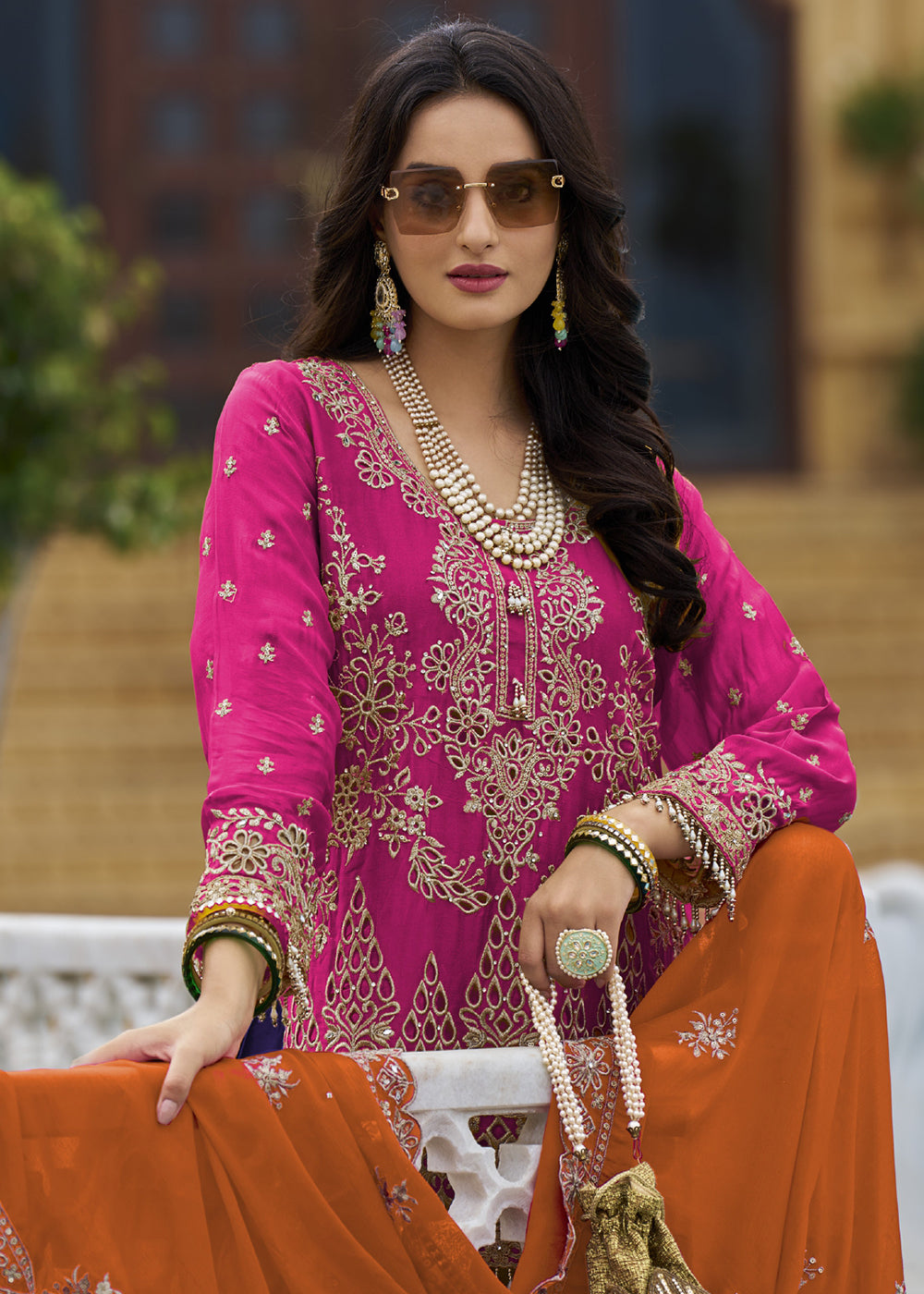 Buy Now Pink & Blue Embroidered Punjabi Style Palazzo Suit Online in USA, UK, Canada, Germany & Worldwide at Empress Clothing.