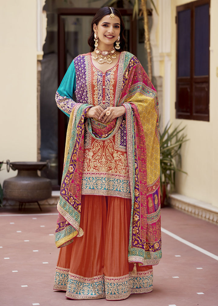 Shop Now Orange Multicolor Fancy Embroidered Gharara Style Suit Online at Empress Clothing in USA, UK, Canada, Germany, UAE & Worldwide. 