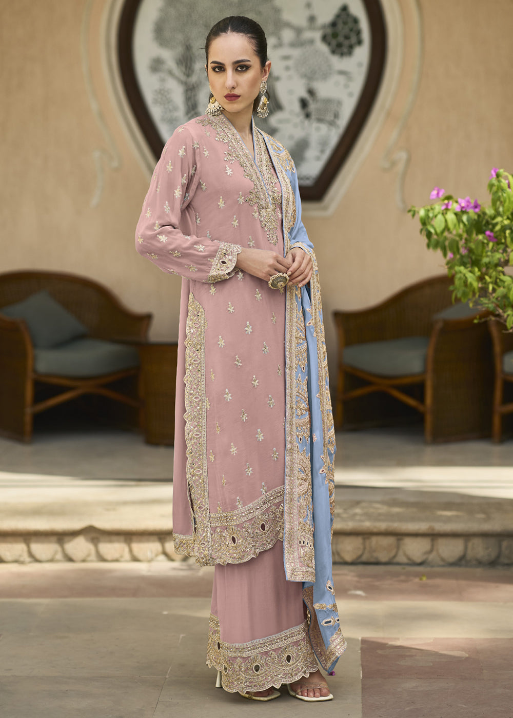 Buy Now Peachy Pink Semi Chiffon Pakistani Style Palazzo Suit Online in USA, UK, Canada, Germany, Australia & Worldwide at Empress Clothing. 