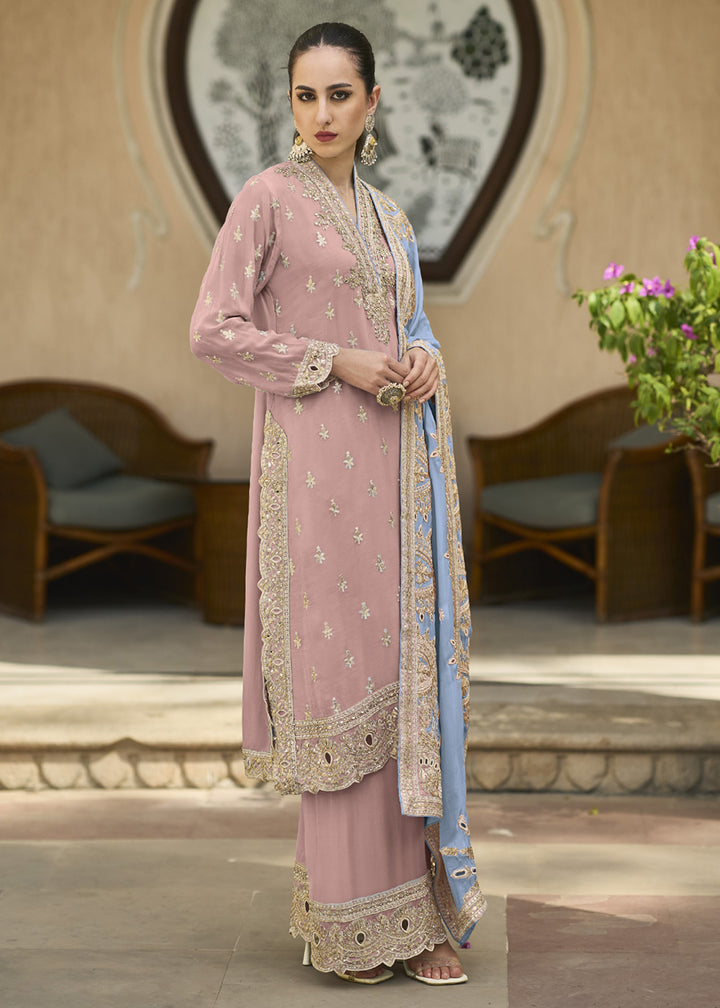 Buy Now Peachy Pink Semi Chiffon Pakistani Style Palazzo Suit Online in USA, UK, Canada, Germany, Australia & Worldwide at Empress Clothing. 