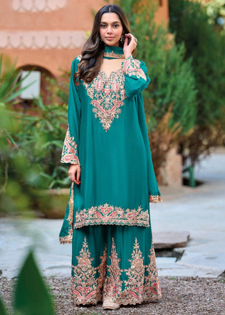 Buy Now Rama Green Embroidered Chinnon Palazzo Suit Online in New York, Los Angeles, San Jose, Chicago, Houston, Fremont, Dubai, Utah & Worldwide at Empress.