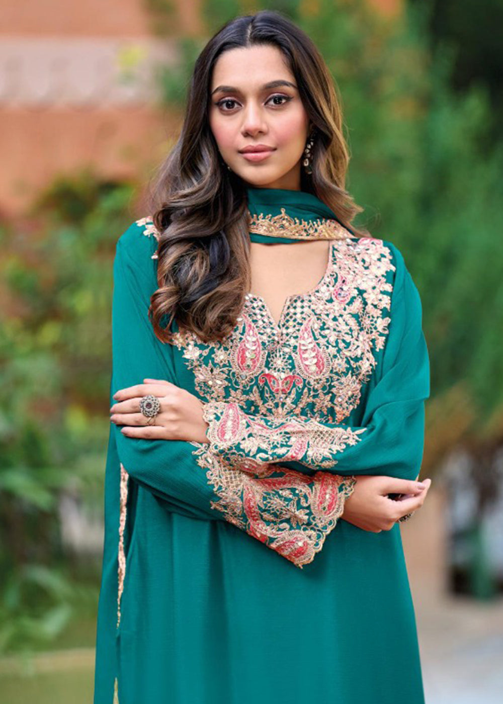 Buy Now Rama Green Embroidered Chinnon Palazzo Suit Online in New York, Los Angeles, San Jose, Chicago, Houston, Fremont, Dubai, Utah & Worldwide at Empress.