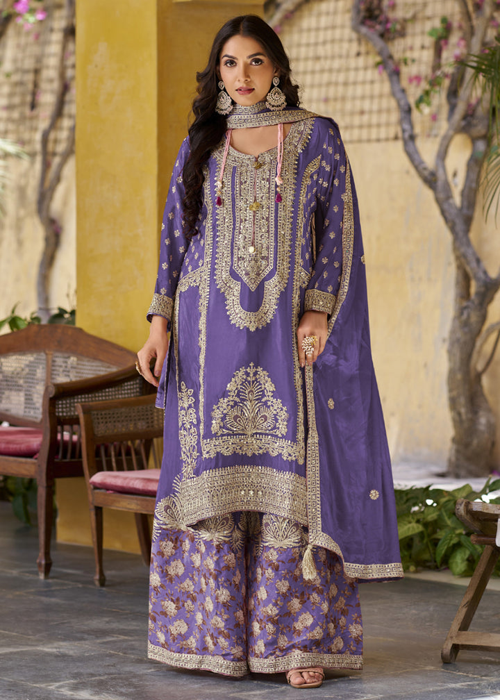 Buy Now Palazzo Style Purple Embroidered Festive Wear Suit Online in USA, UK, Canada, Germany, Italy, France, New Zealand, UAE & Worldwide at Empress. Shop Now.
