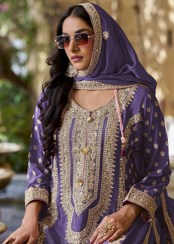 Buy Now Palazzo Style Purple Embroidered Festive Wear Suit Online in USA, UK, Canada, Germany, Italy, France, New Zealand, UAE & Worldwide at Empress. Shop Now.