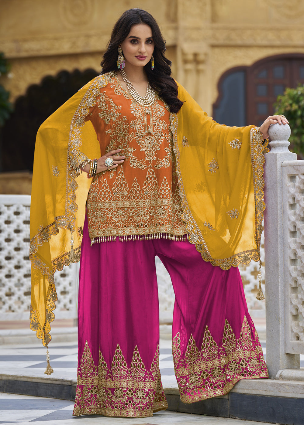 Buy Now Orange & Pink Embroidered Punjabi Style Palazzo Suit Online in USA, UK, Canada, Germany & Worldwide at Empress Clothing.