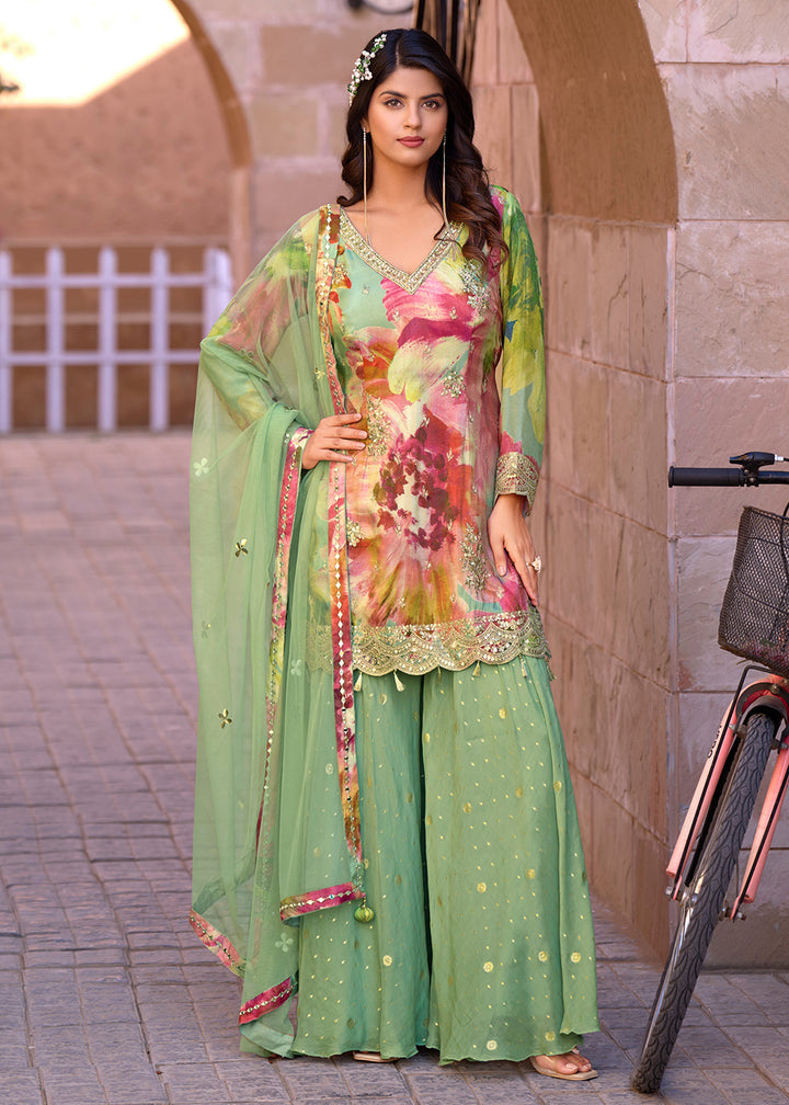 Buy Now Multi Green Sequins Embroidered Wedding Festive Suit Online in USA, UK, Canada, Germany, Italy, France, Austria, UAE & Worldwide at Empress Clothing.