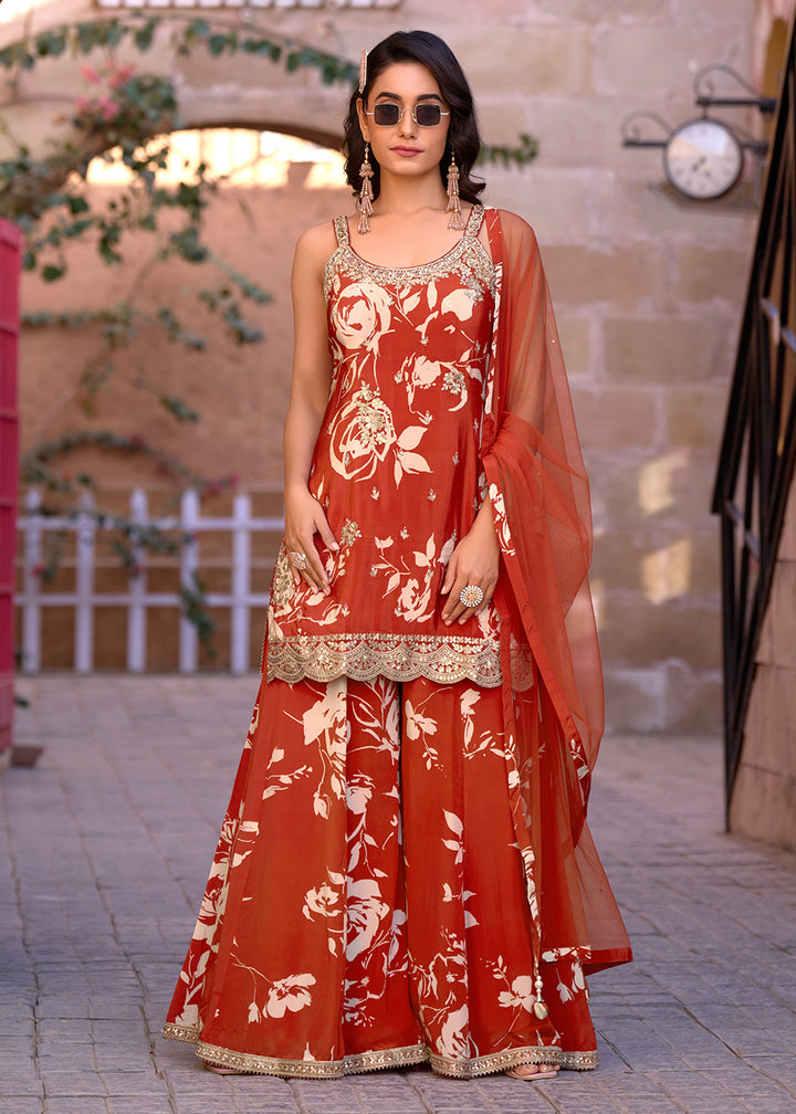 Buy Now Rust Orange Sequins Embroidered Wedding Festive Suit Online in USA, UK, Canada, Germany, Italy, France, Austria, UAE & Worldwide at Empress Clothing.