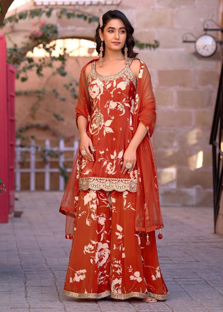 Buy Now Rust Orange Sequins Embroidered Wedding Festive Suit Online in USA, UK, Canada, Germany, Italy, France, Austria, UAE & Worldwide at Empress Clothing.