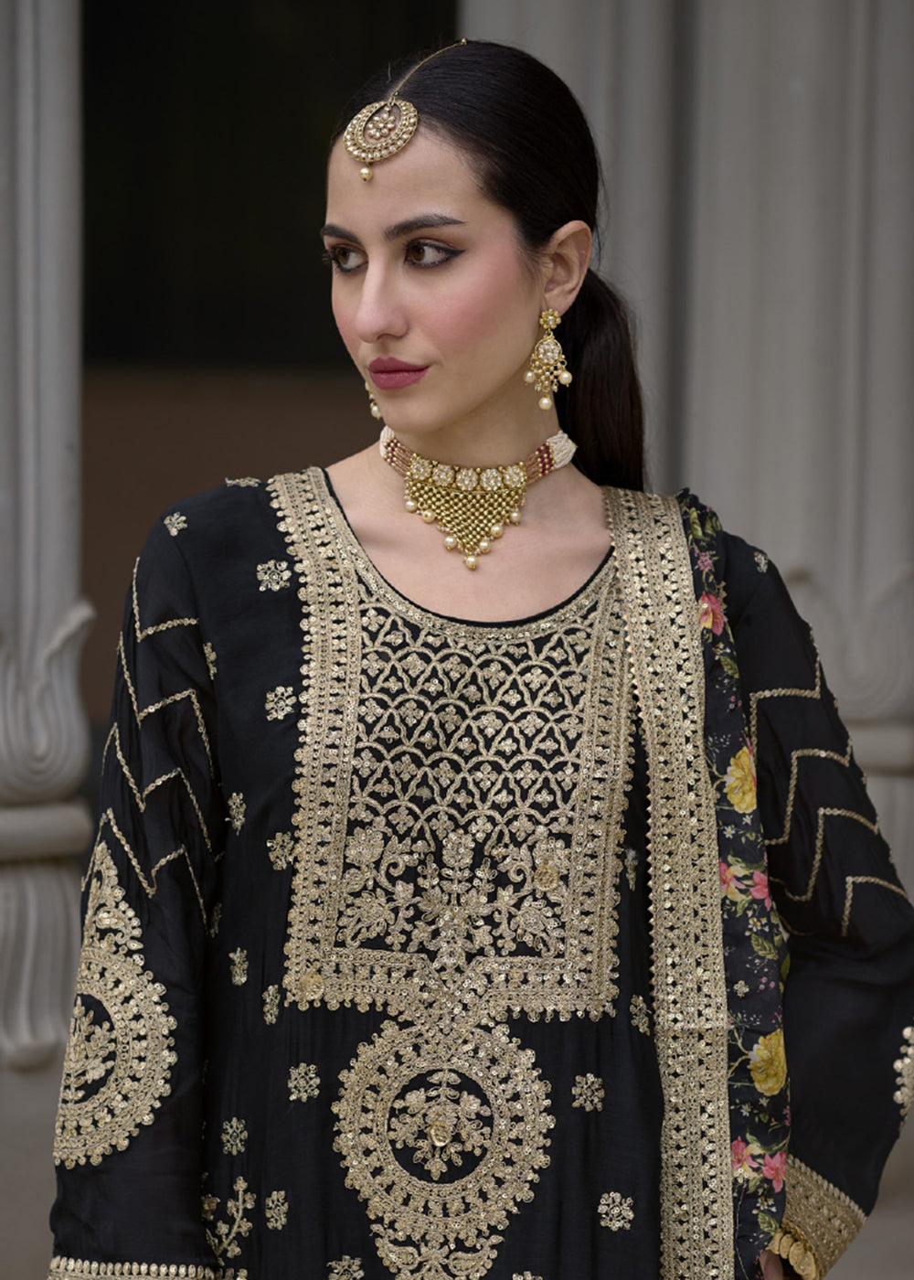 Buy Now Elegant Black Pure Chinnon Pakistani Style Palazzo Suit Online in USA, UK, Canada, Germany, Australia & Worldwide at Empress Clothing. 