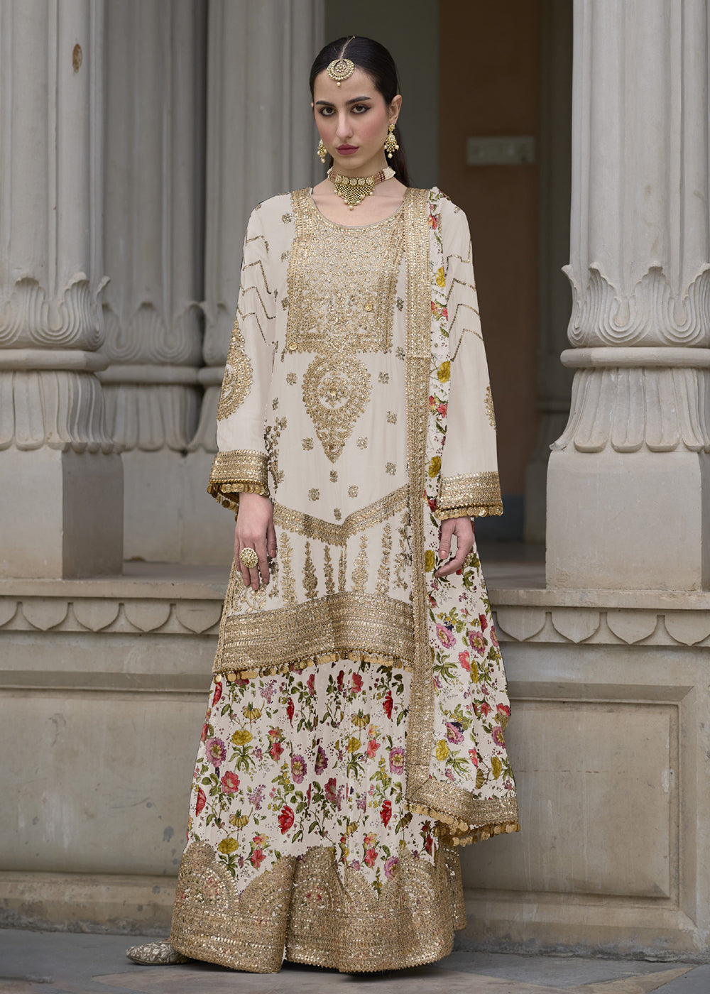 Buy Now Off White Pure Chinnon Pakistani Style Palazzo Suit Online in USA, UK, Canada, Germany, Australia & Worldwide at Empress Clothing.