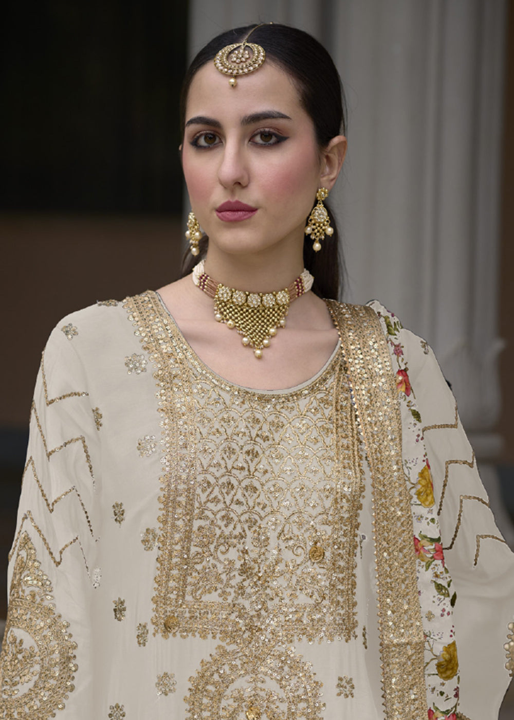 Buy Now Off White Pure Chinnon Pakistani Style Palazzo Suit Online in USA, UK, Canada, Germany, Australia & Worldwide at Empress Clothing.