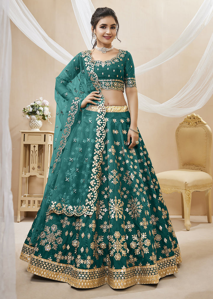 Buy Now Beatific Teal Green Art Silk Embroidered Reception Wear Lehenga Choli Online in USA, UK, Canada & Worldwide at Empress Clothing. 