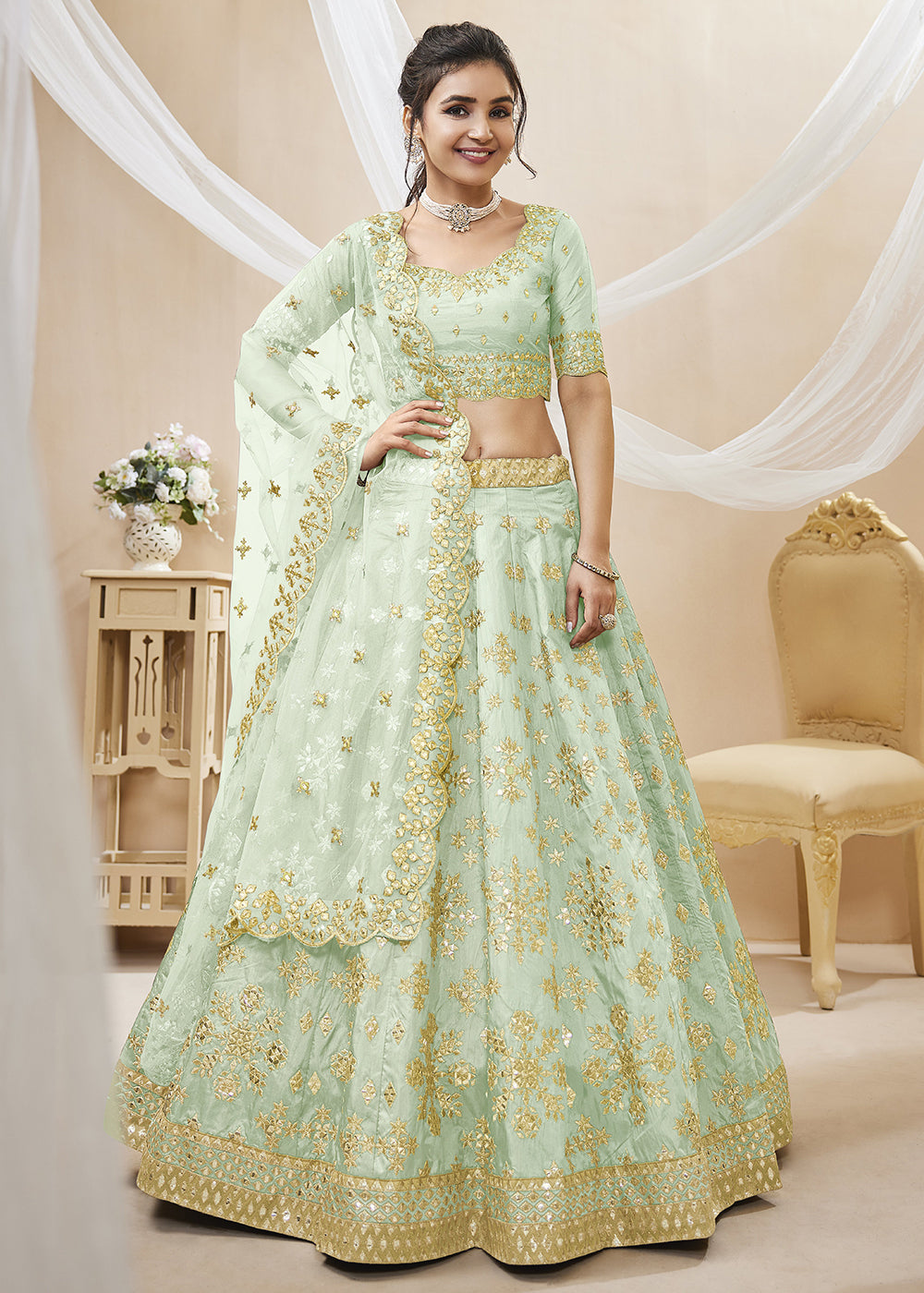 Buy Now Pistachio Green Art Silk Embroidered Reception Wear Lehenga Choli Online in USA, UK, Canada & Worldwide at Empress Clothing.