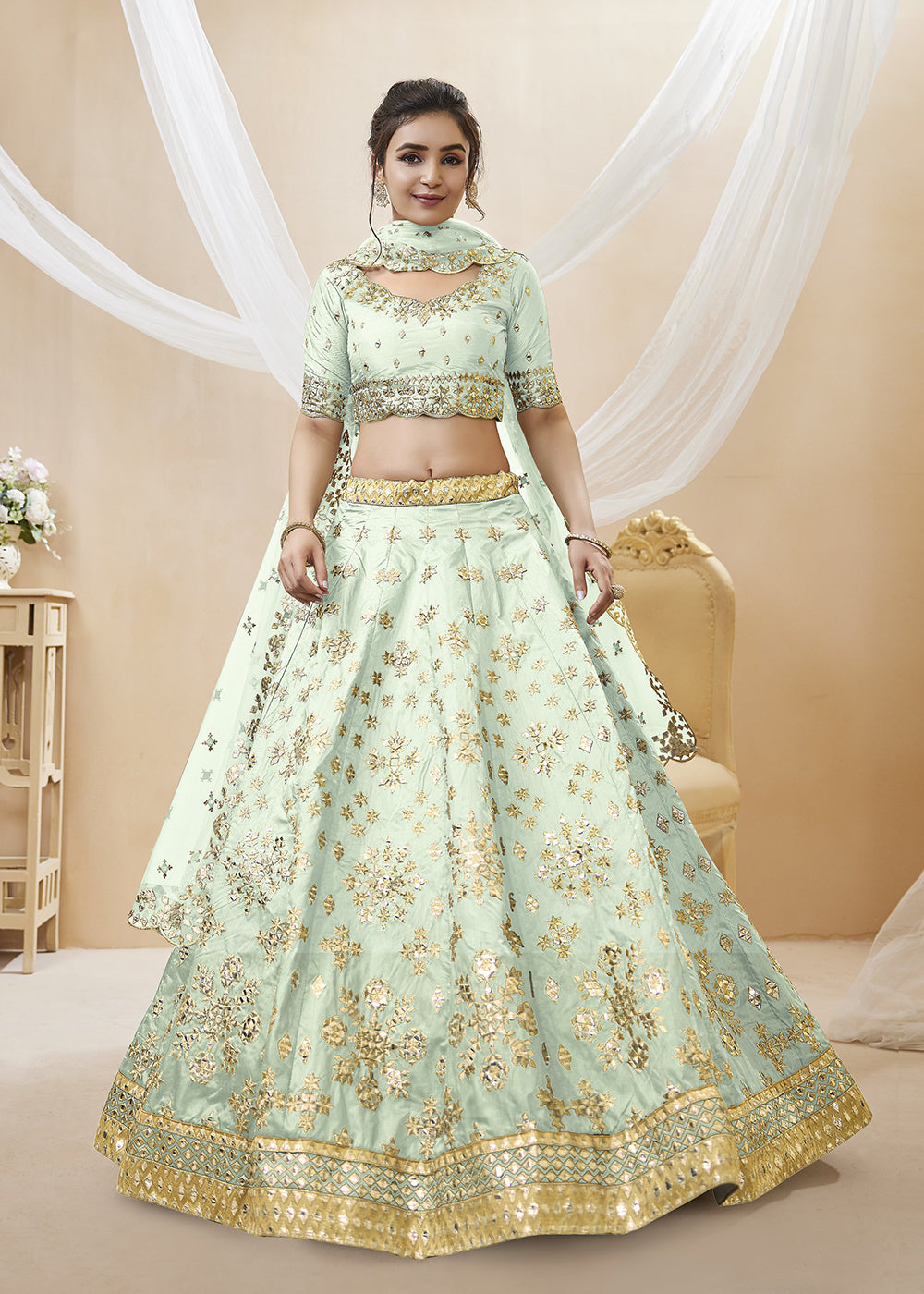 Buy Now Pistachio Green Art Silk Embroidered Reception Wear Lehenga Choli Online in USA, UK, Canada & Worldwide at Empress Clothing.