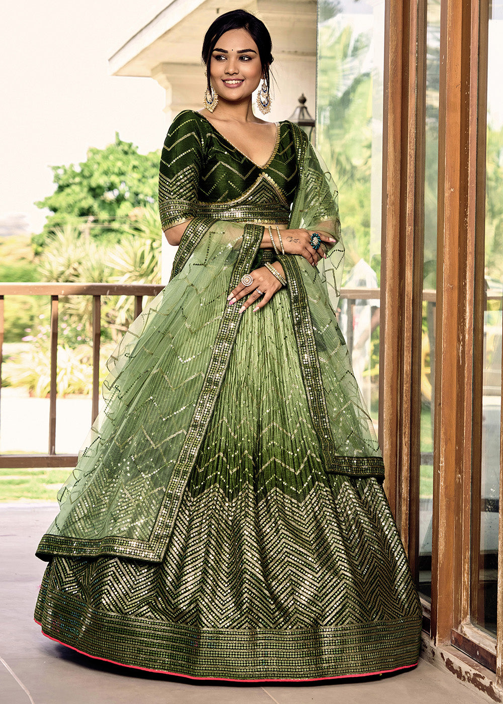 Buy Now Fabulous Green Chinnon Embroidered Haldi Lehenga Choli Online in USA, UK, Canada & Worldwide at Empress Clothing.
