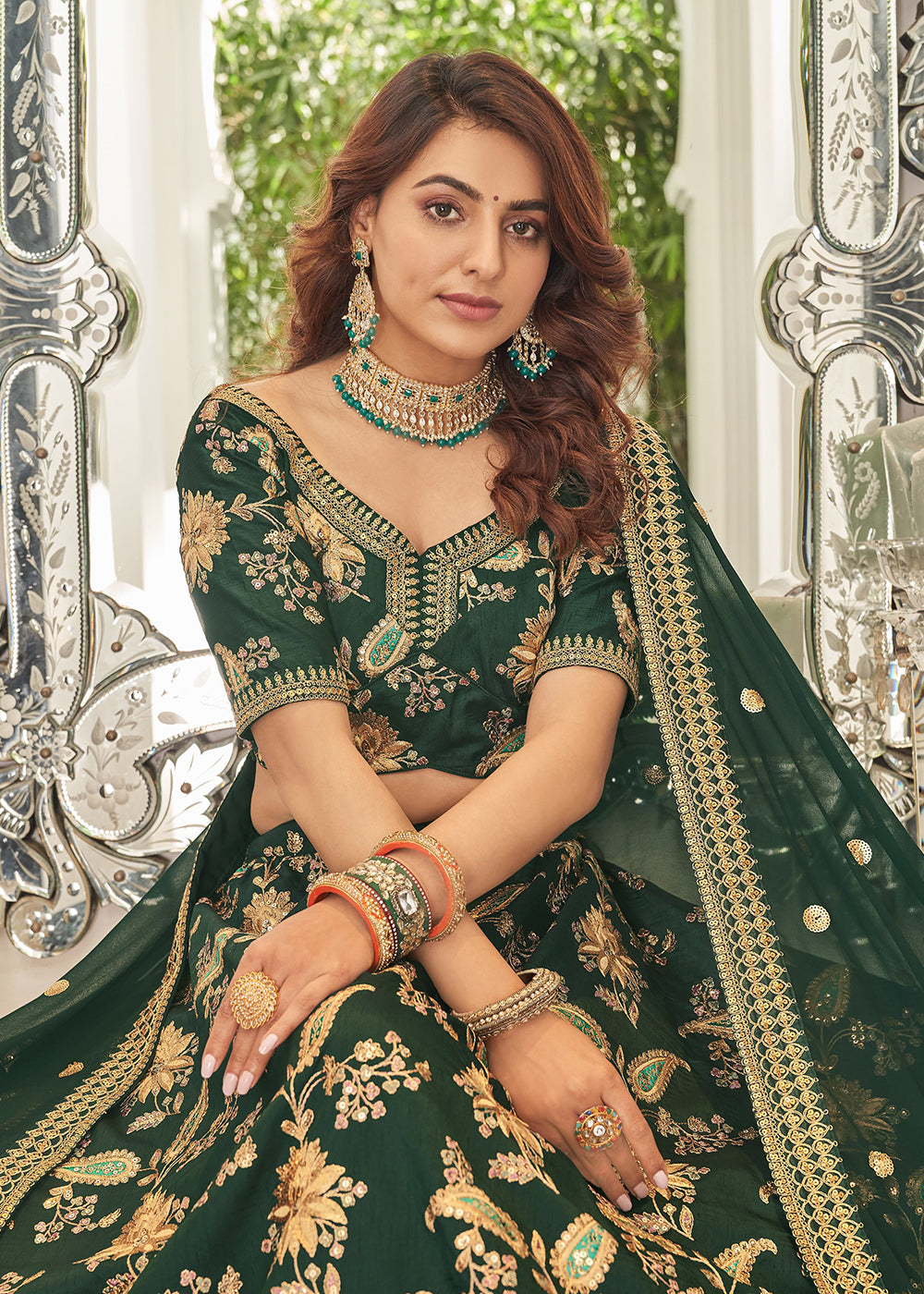 Green Zari and Sequins embroidered Art silk designer lehenga for wedding -  MEGHALYA - 3624975