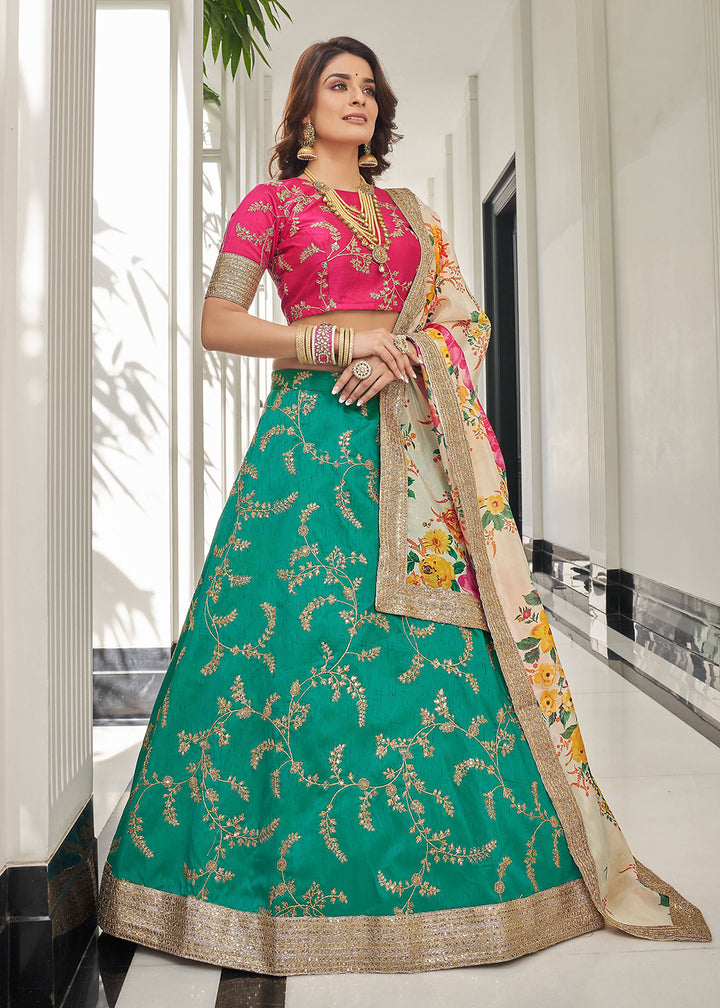 Buy Now Appealing Green & Pink Art Silk Embroidery Wedding Lehenga Choli Online in USA, UK, Canada & Worldwide at Empress Clothing.